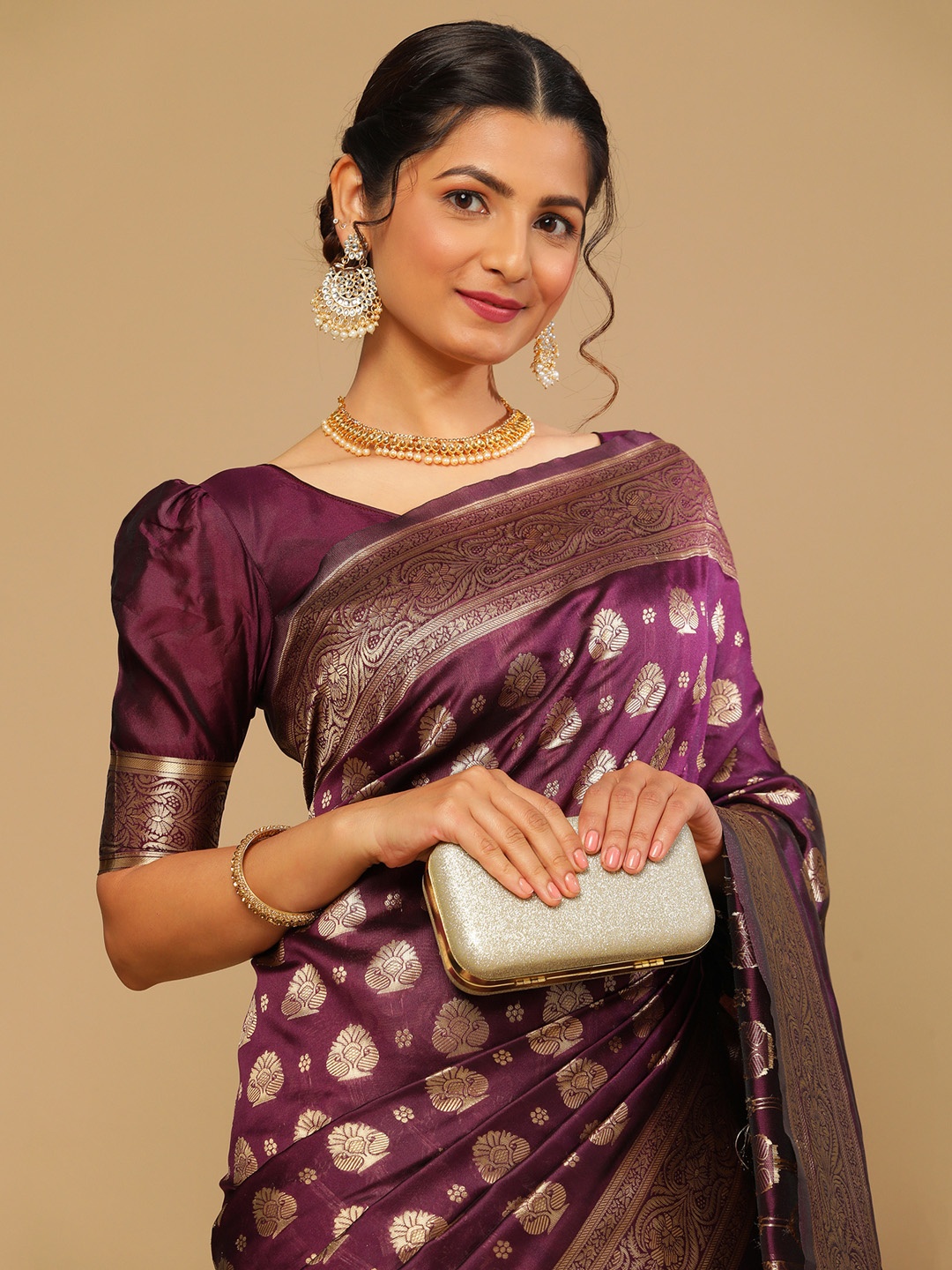 

Satrani Purple & Gold-Toned Woven Design Zari Banarasi Saree