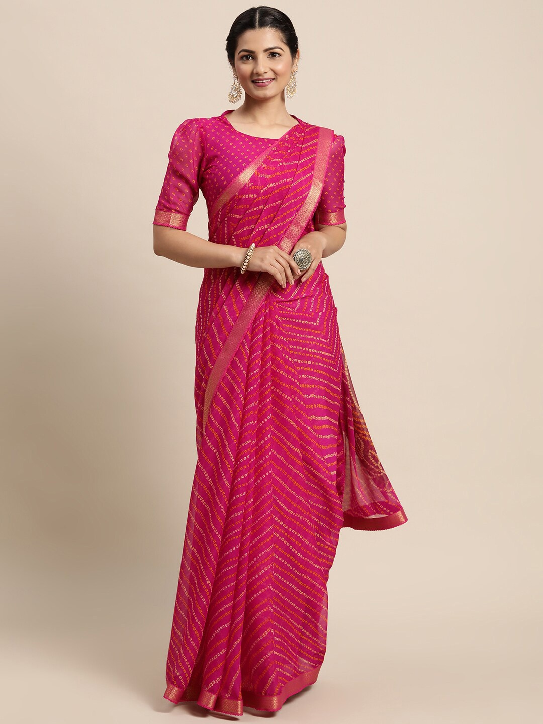 

Satrani Pink & Orange Bandhani Printed Saree