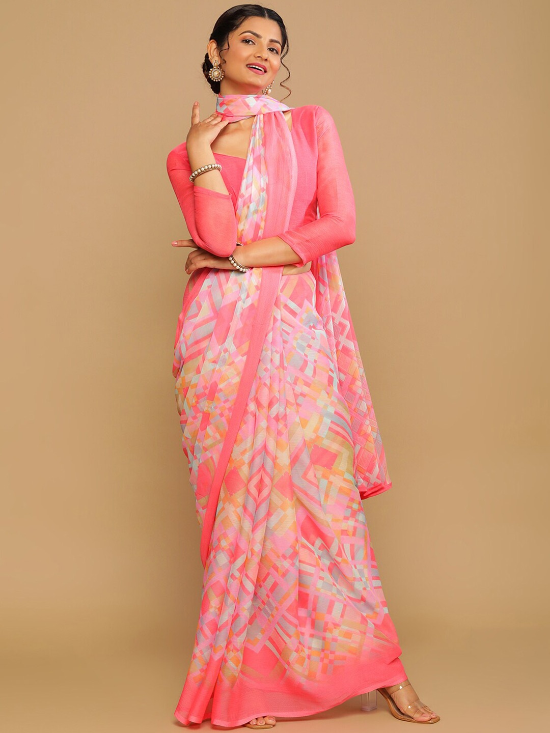 

Satrani Pink & White Printed Saree