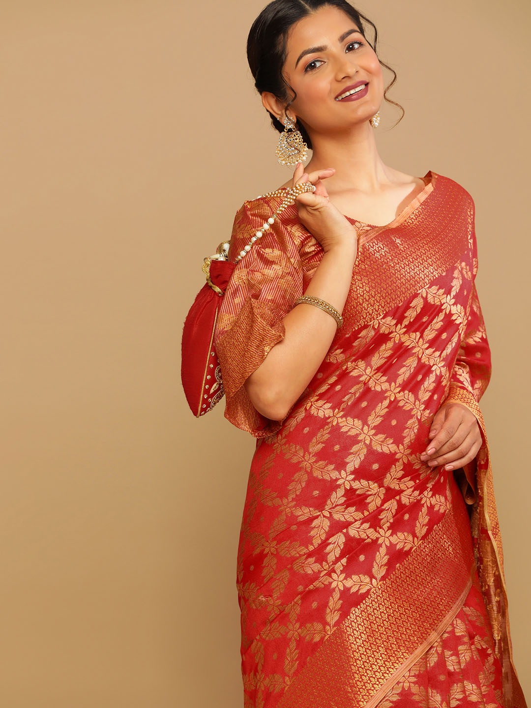 

Satrani Red And Gold Toned Woven Design Zari Banarasi Saree