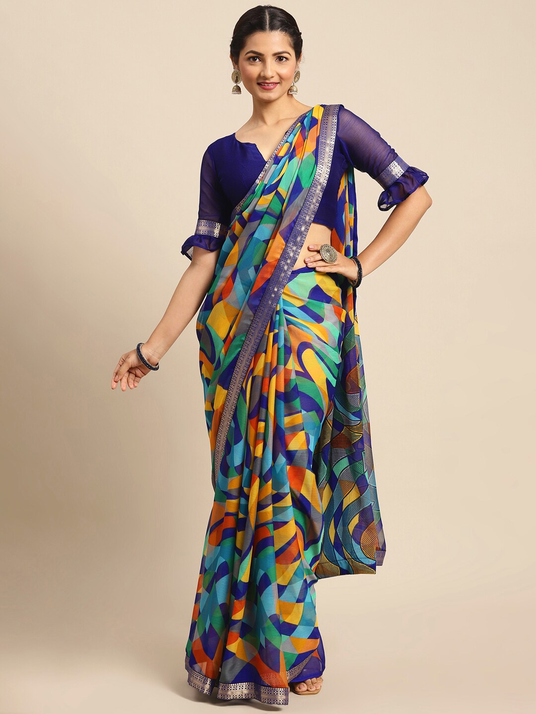 

Satrani Multicolor Abstract Print Zari Woven Design Border Saree, Multi