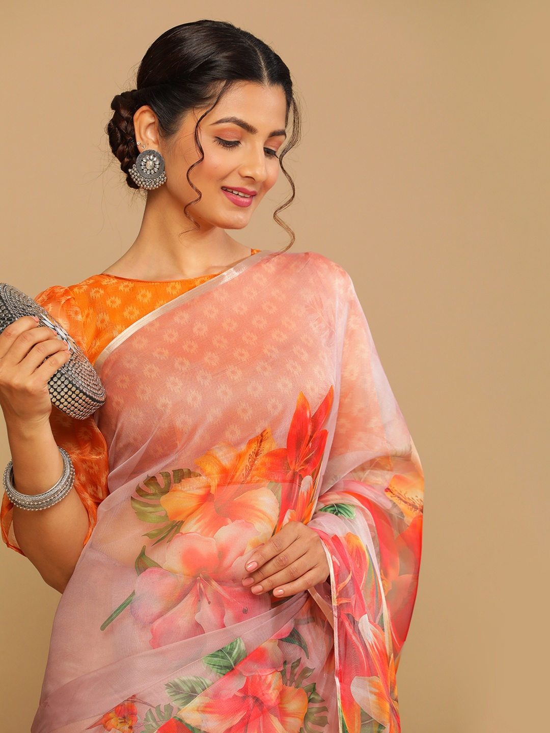 

Satrani Peach-Coloured & Orange Floral Zari Organza Saree