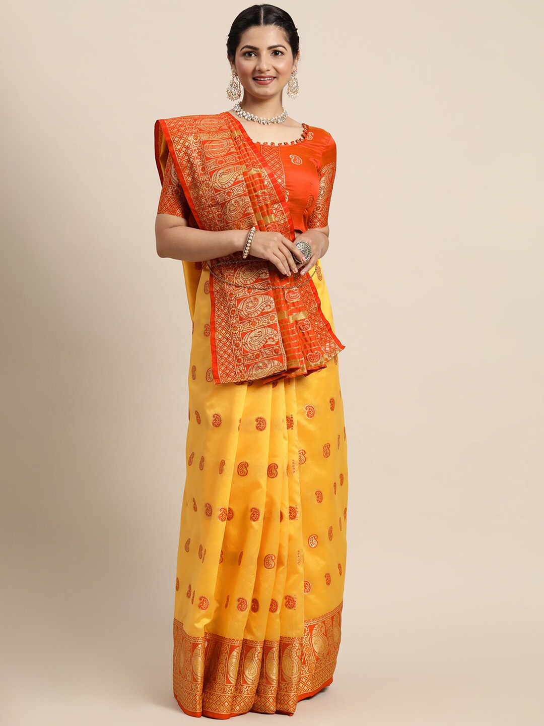 

Satrani Yellow & Orange Woven Design Zari Banarasi Saree