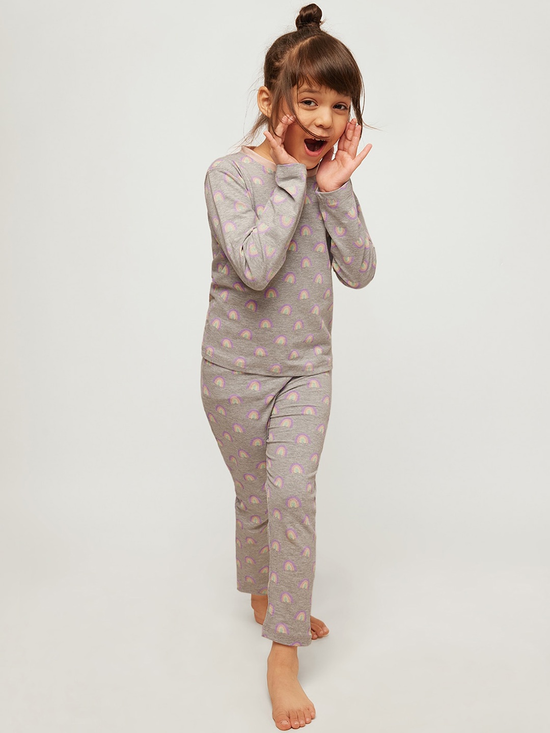 

frangipani Girls Grey & Pink Printed Pure Cotton Night suit