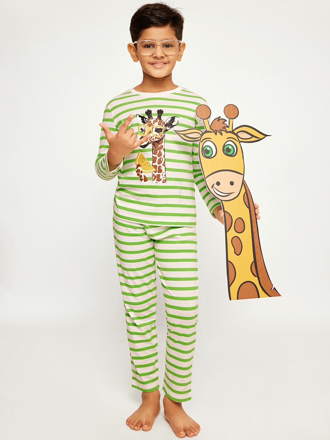 

frangipani Boys Green & Brown Printed Night suit