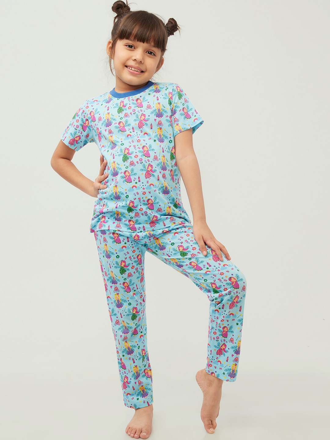 

frangipani Girls Blue & Pink Printed Cotton Night suit