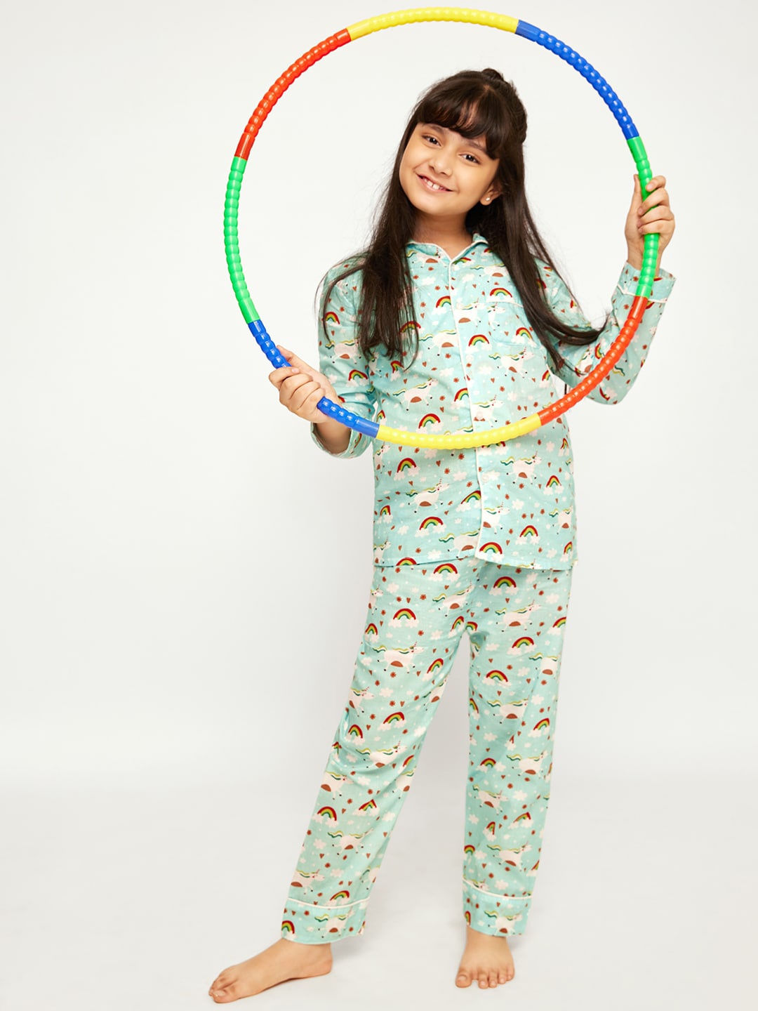 

frangipani Girls Sea Green & Red Pure Cotton Printed Night suit