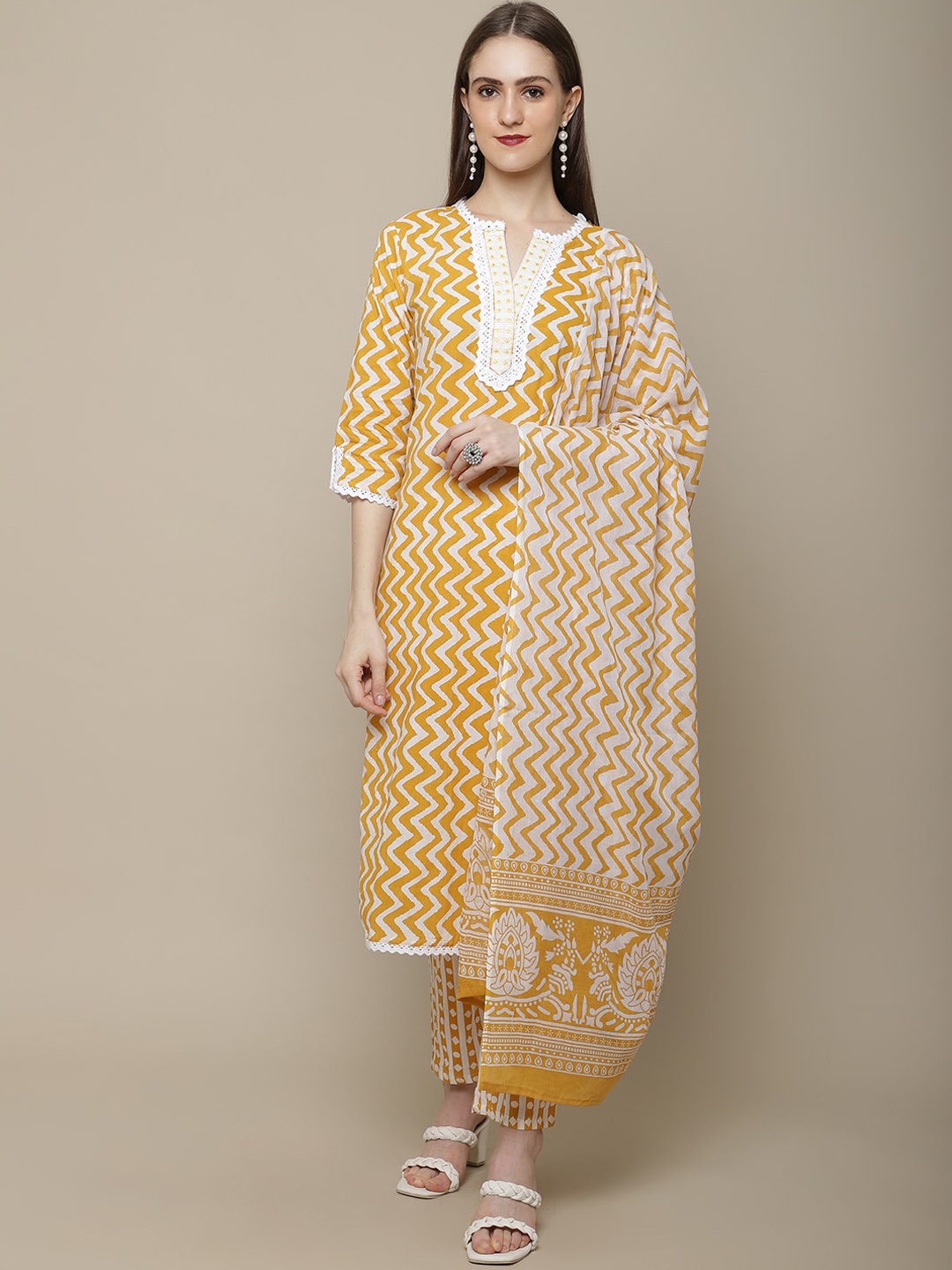 

Sangria Women Yellow Printed Pure Cotton Kurti with Trousers & Dupatta Set