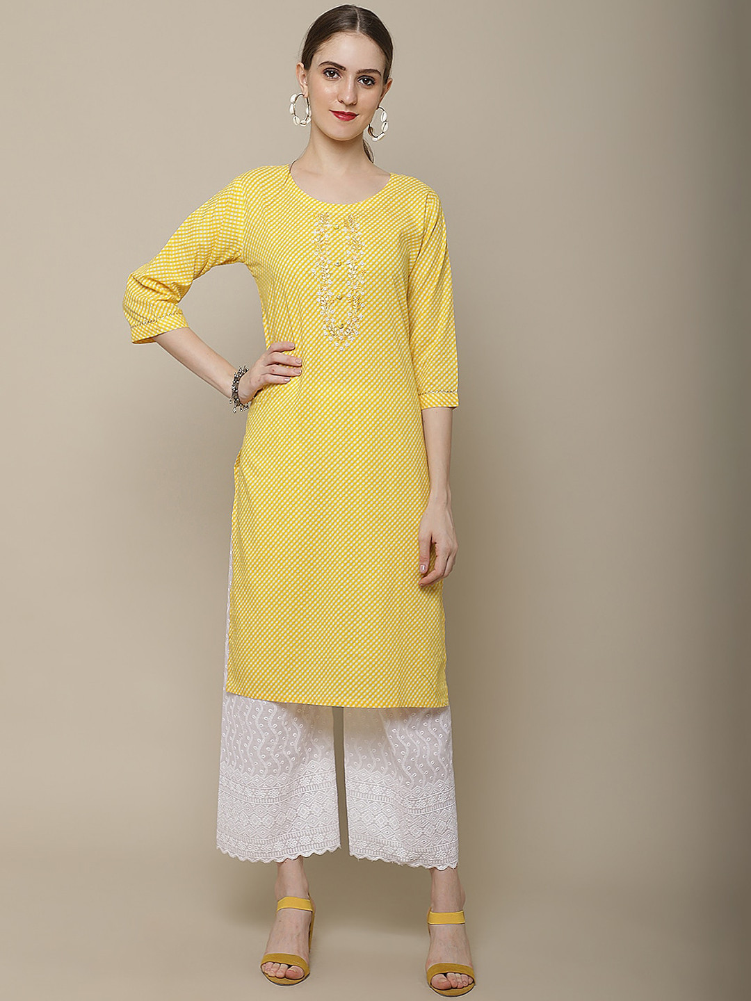 

Sangria Women Yellow & White Embroidered Cotton Straight Kurta