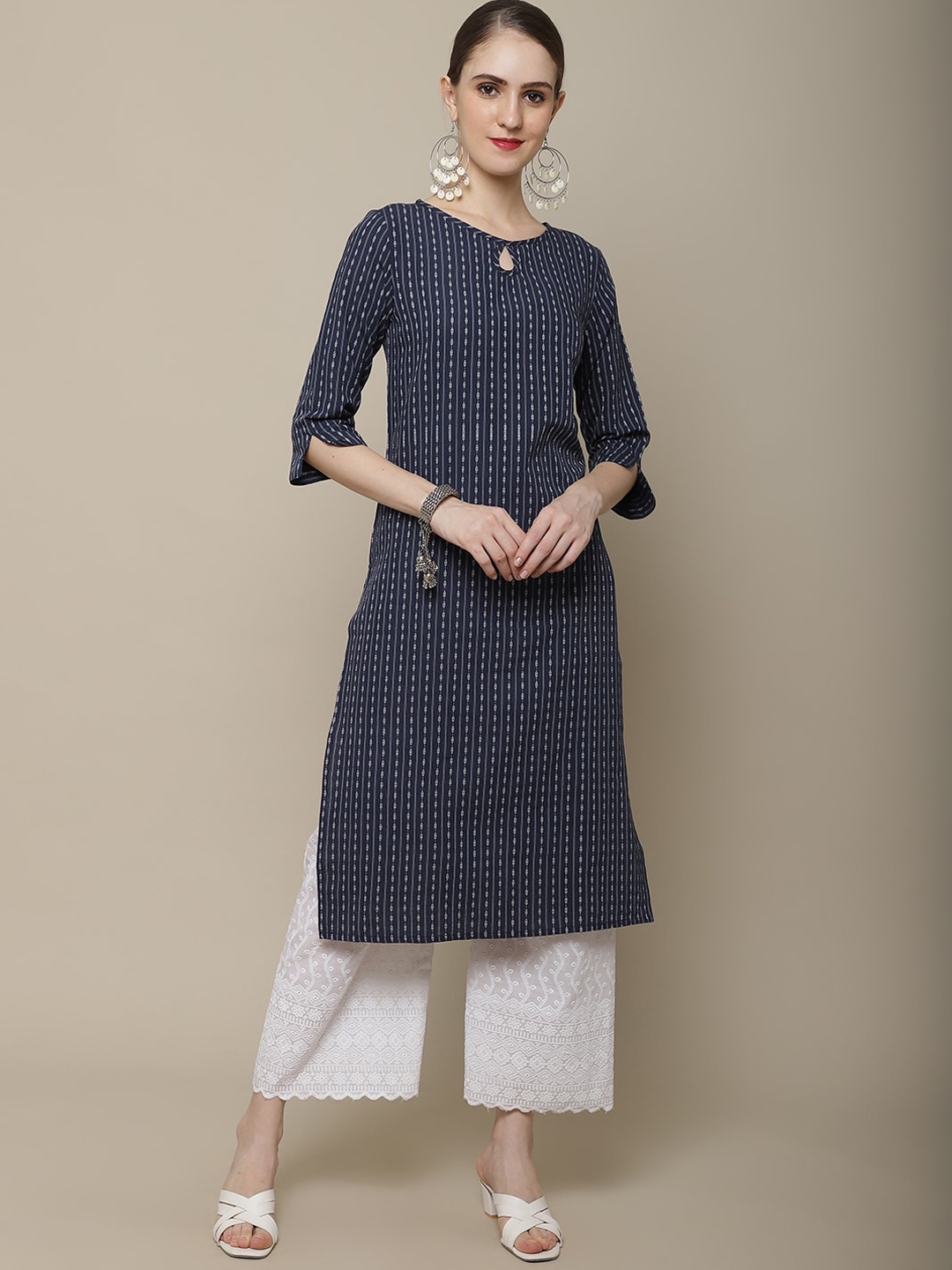 

Sangria Women Navy Blue Striped Keyhole Neck Kurta