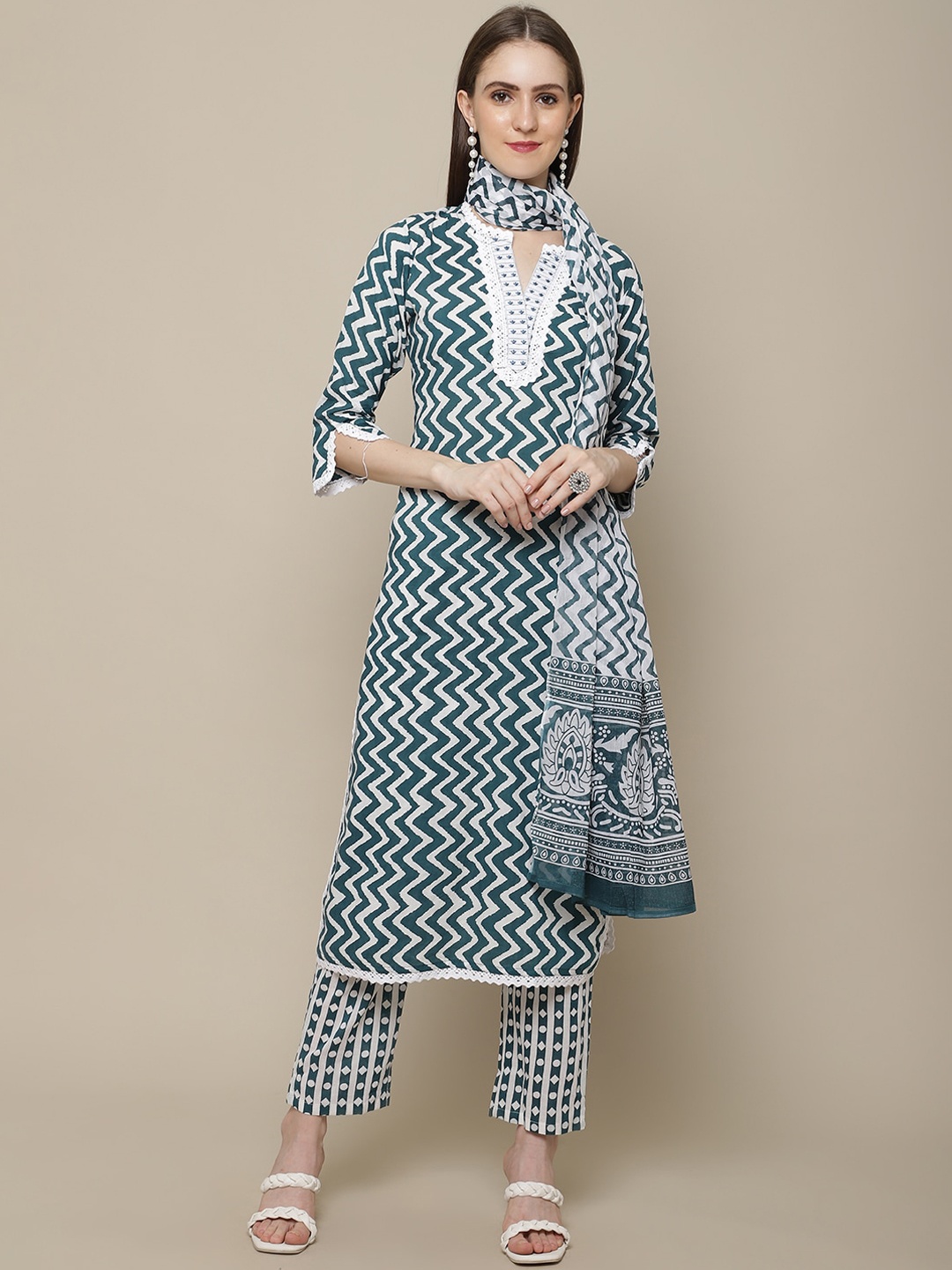 

Sangria Women Printed Pure Cotton Kurta with Trouser & With Dupatta, Teal