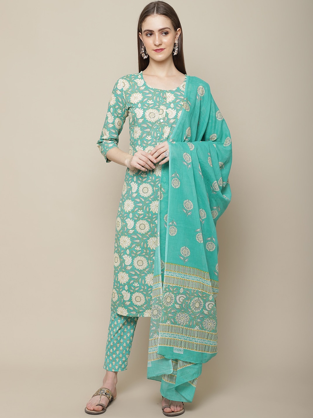 

Sangria Women Floral Printed Pure Cotton Kurta with Trousers & With Dupatta, Blue