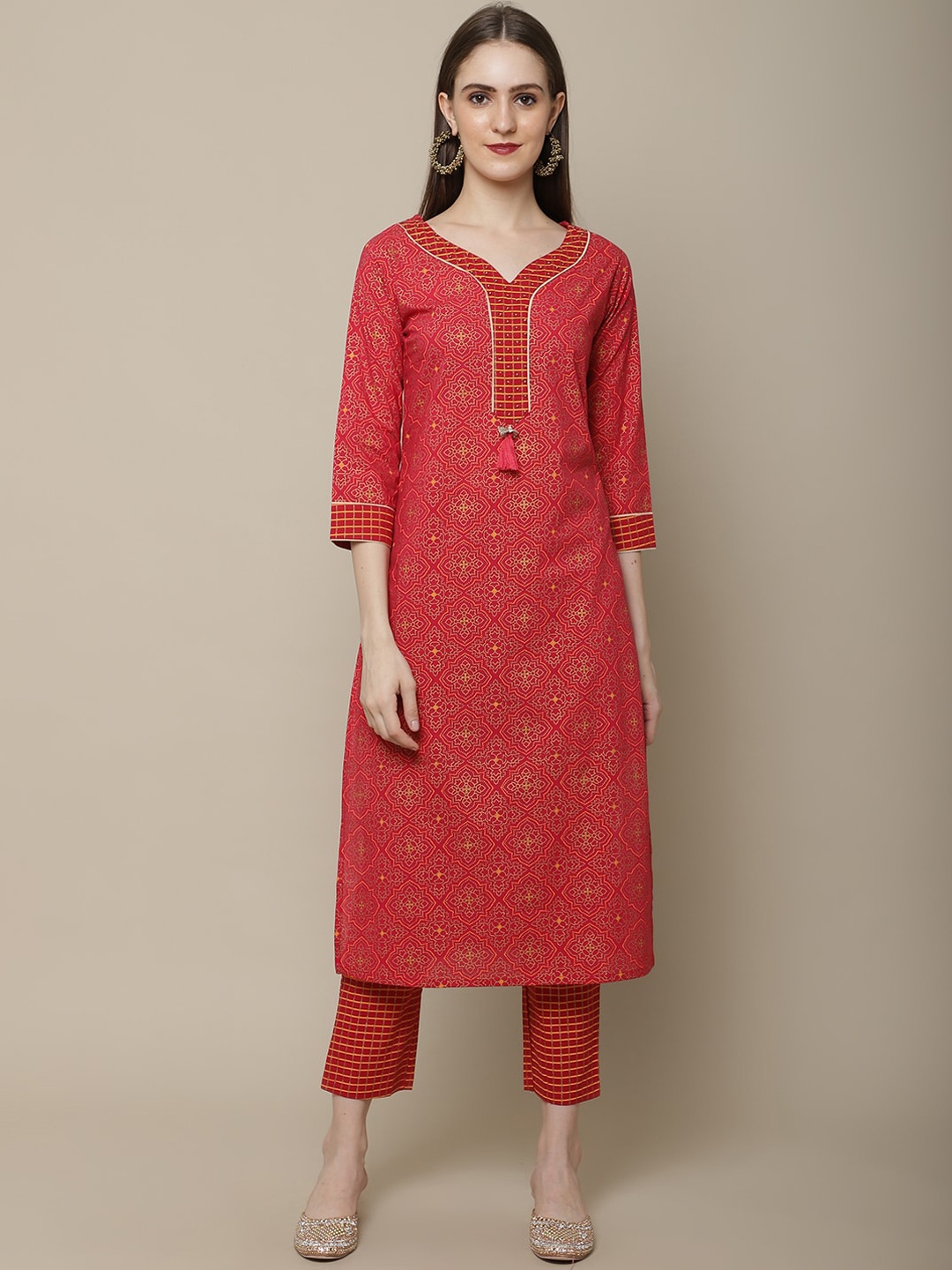 

Sangria Women Printed Pure Cotton Kurta with Trousers, Red