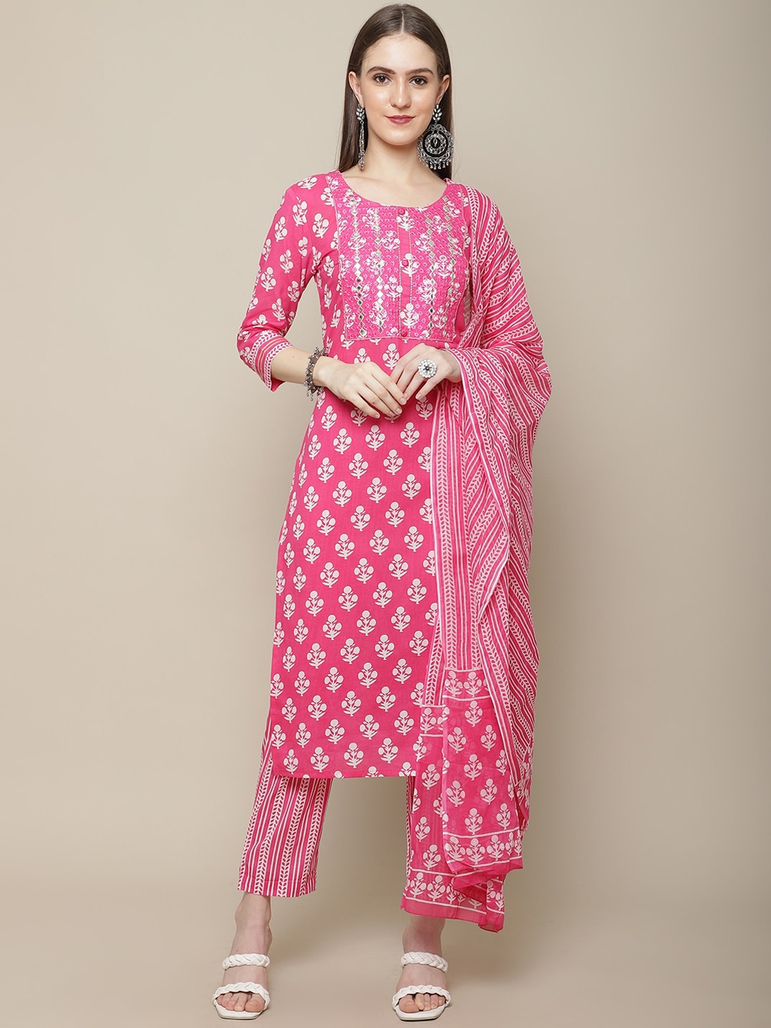 

Sangria Women Floral Printed Mirror Work Pure Cotton Kurti with Trousers & Dupatta, Pink