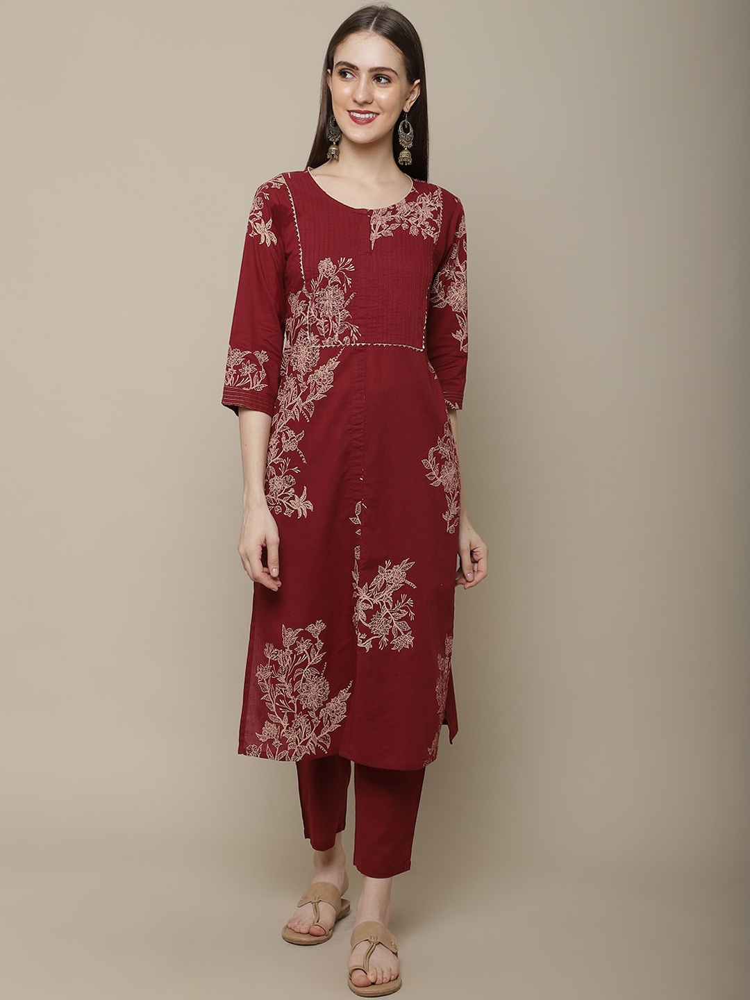 

Sangria Women Maroon Floral Printed Pure Cotton Straight Kurta with Trousers