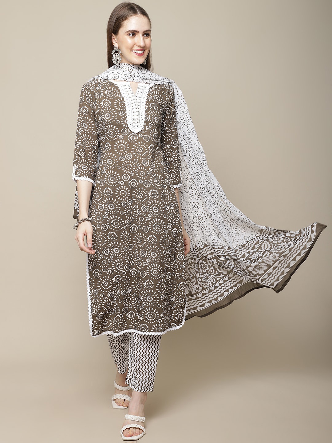 

Sangria Women Ethnic Motifs Printed Pure Cotton Kurta with Trousers & With Dupatta, Coffee brown