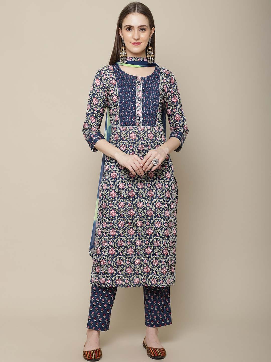 

Sangria Women Navy Blue Floral Printed Pure Cotton Kurti with Trousers & With Dupatta