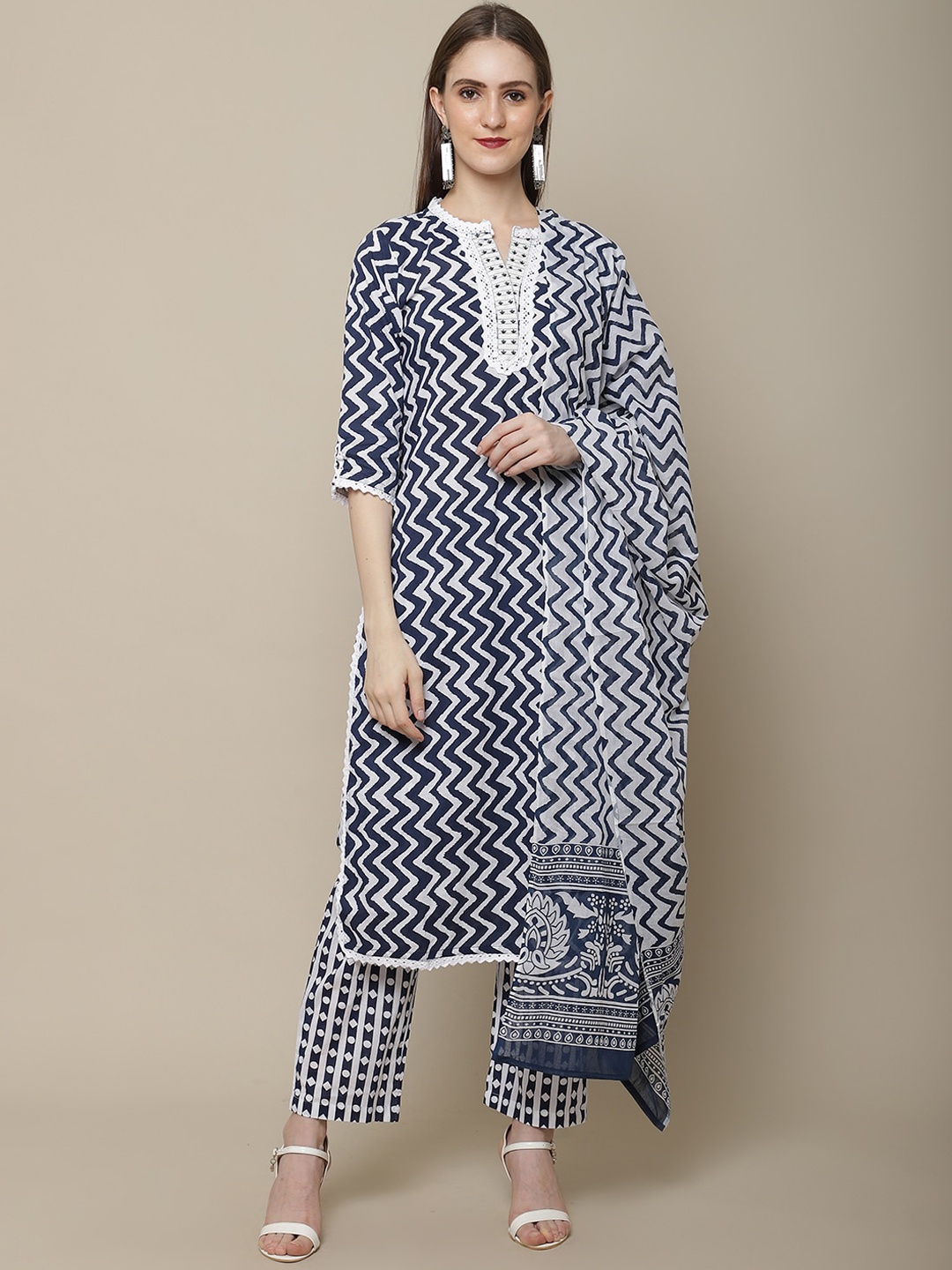 

Sangria Women Printed Pure Cotton Kurta With Trousers & Dupatta, Navy blue