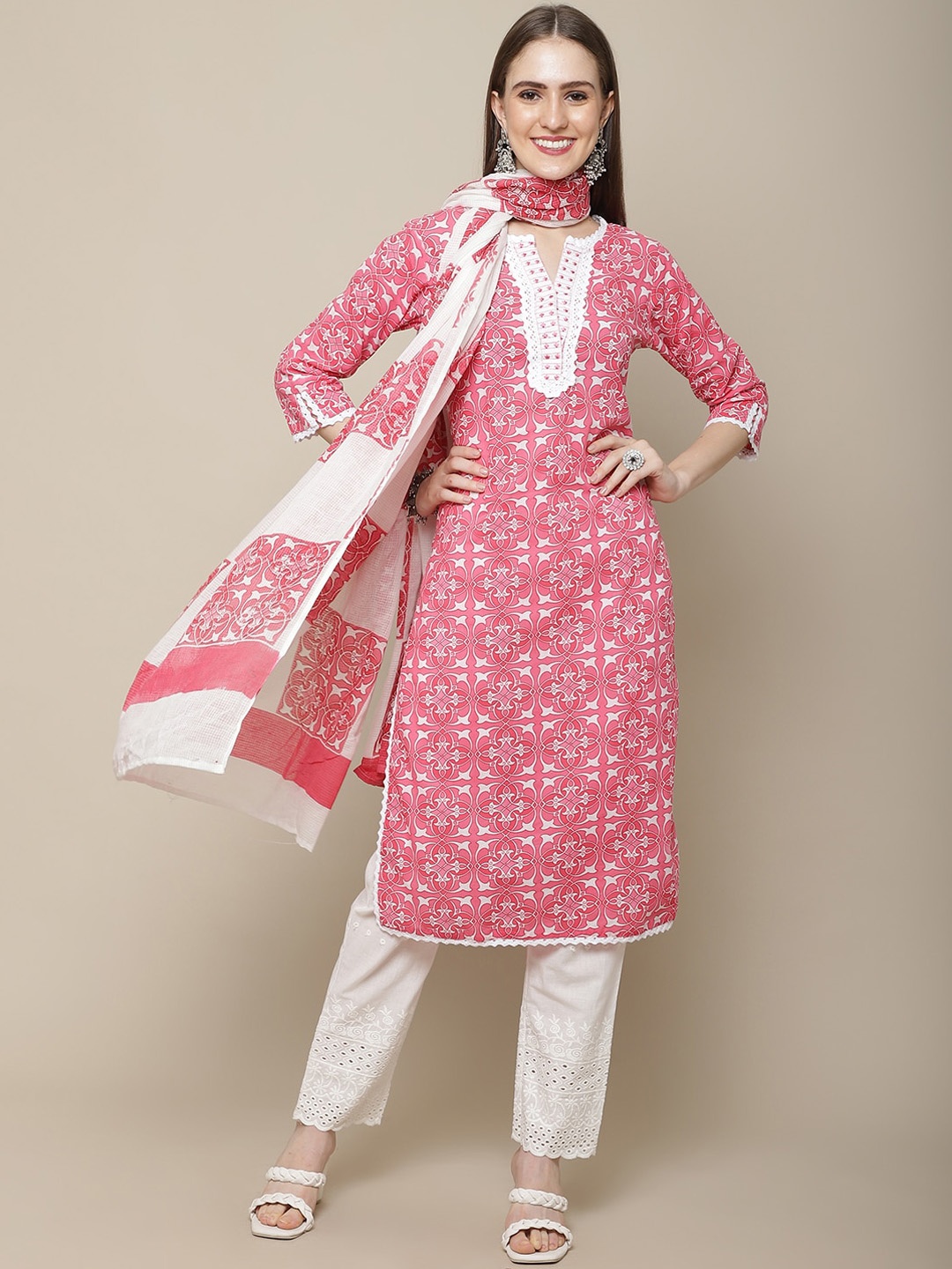 

Sangria Women Ethnic Motifs Printed Pure Cotton Kurta with Trousers & With Dupatta, Pink