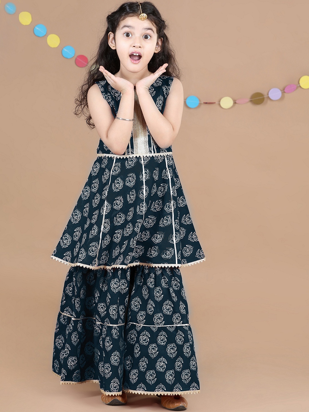 

ADIVA Girls Blue Floral Printed Layered Gotta Patti Kurta with Sharara