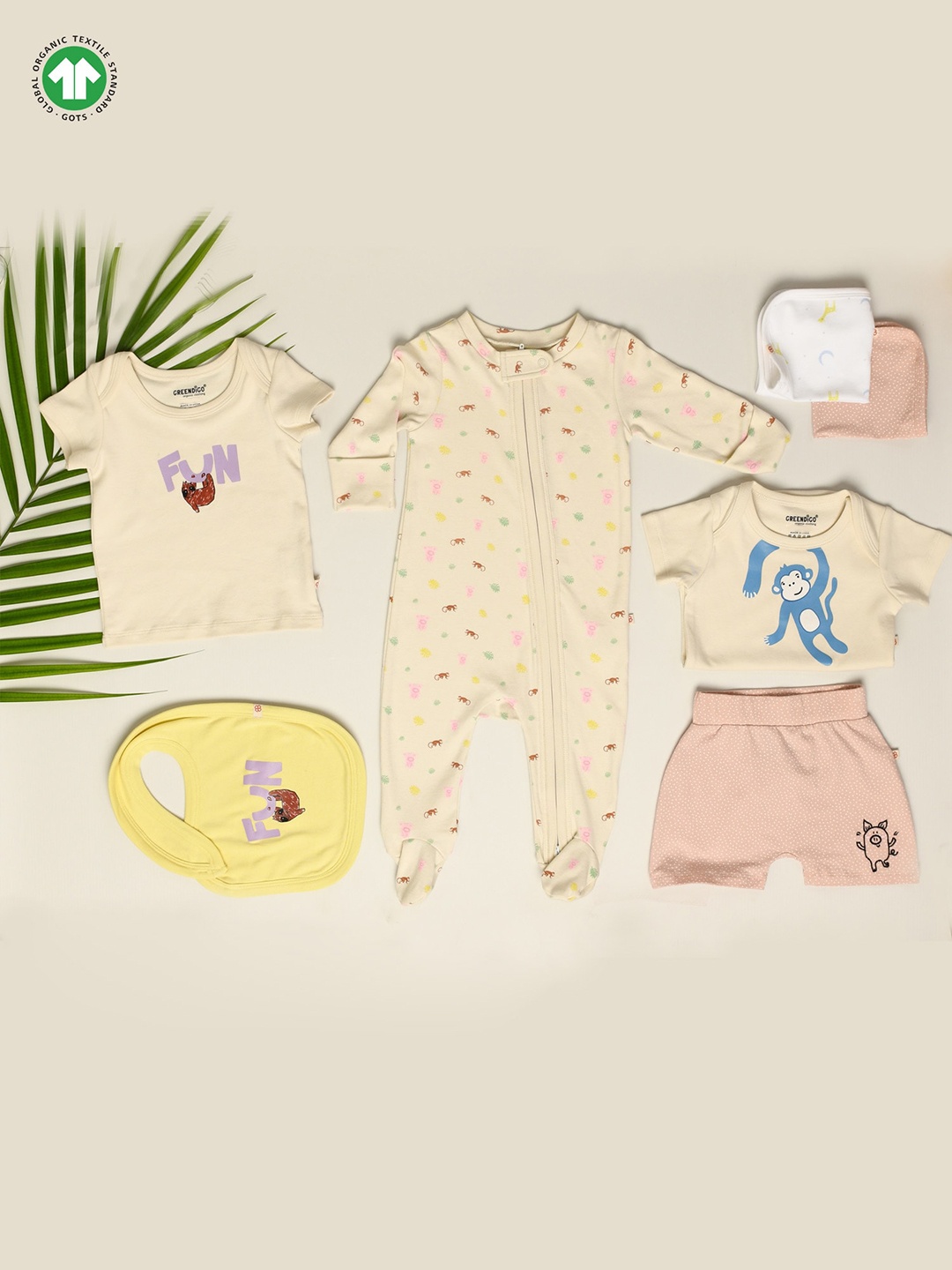 

GREENDIGO Kids Pack Of 7 Printed Baby Zoo Vibes Pure Cotton Apparel Gift Set, Beige