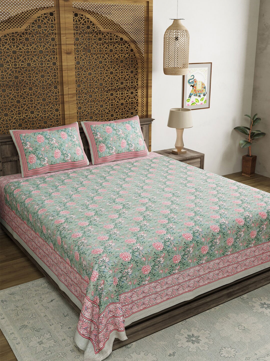 

BLOCKS OF INDIA Floral 210 TC King Bedsheet with 2 Pillow Covers, Green