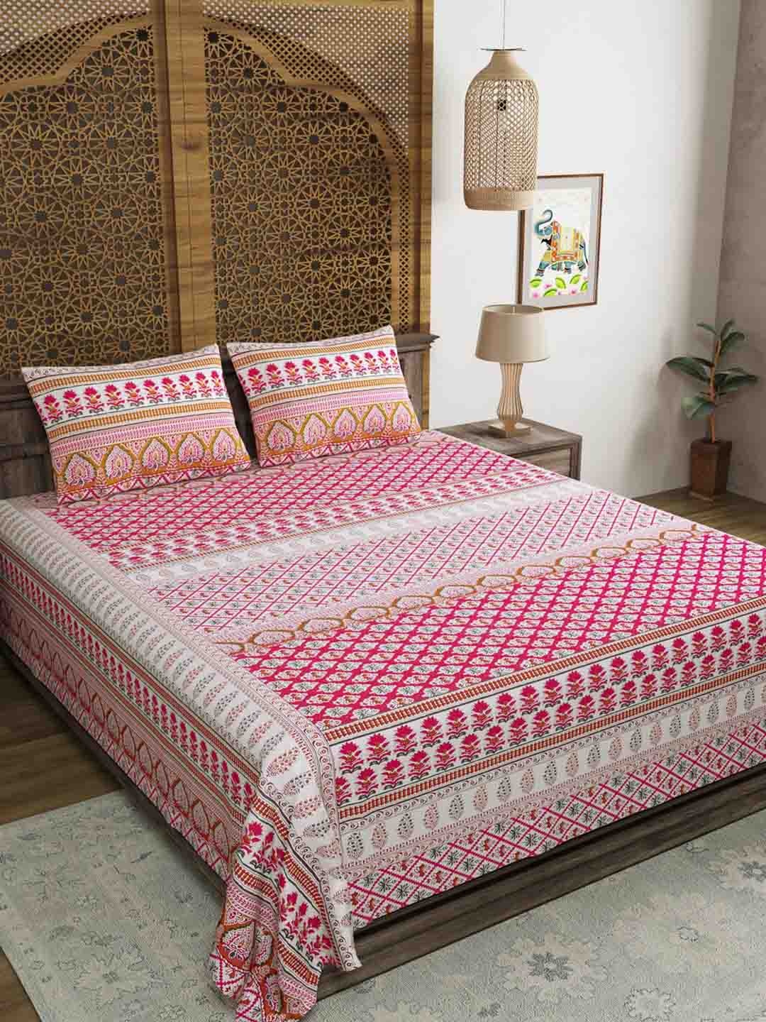 

BLOCKS OF INDIA Cotton Floral 210 TC King Bedsheet with 2 Pillow Covers, Pink