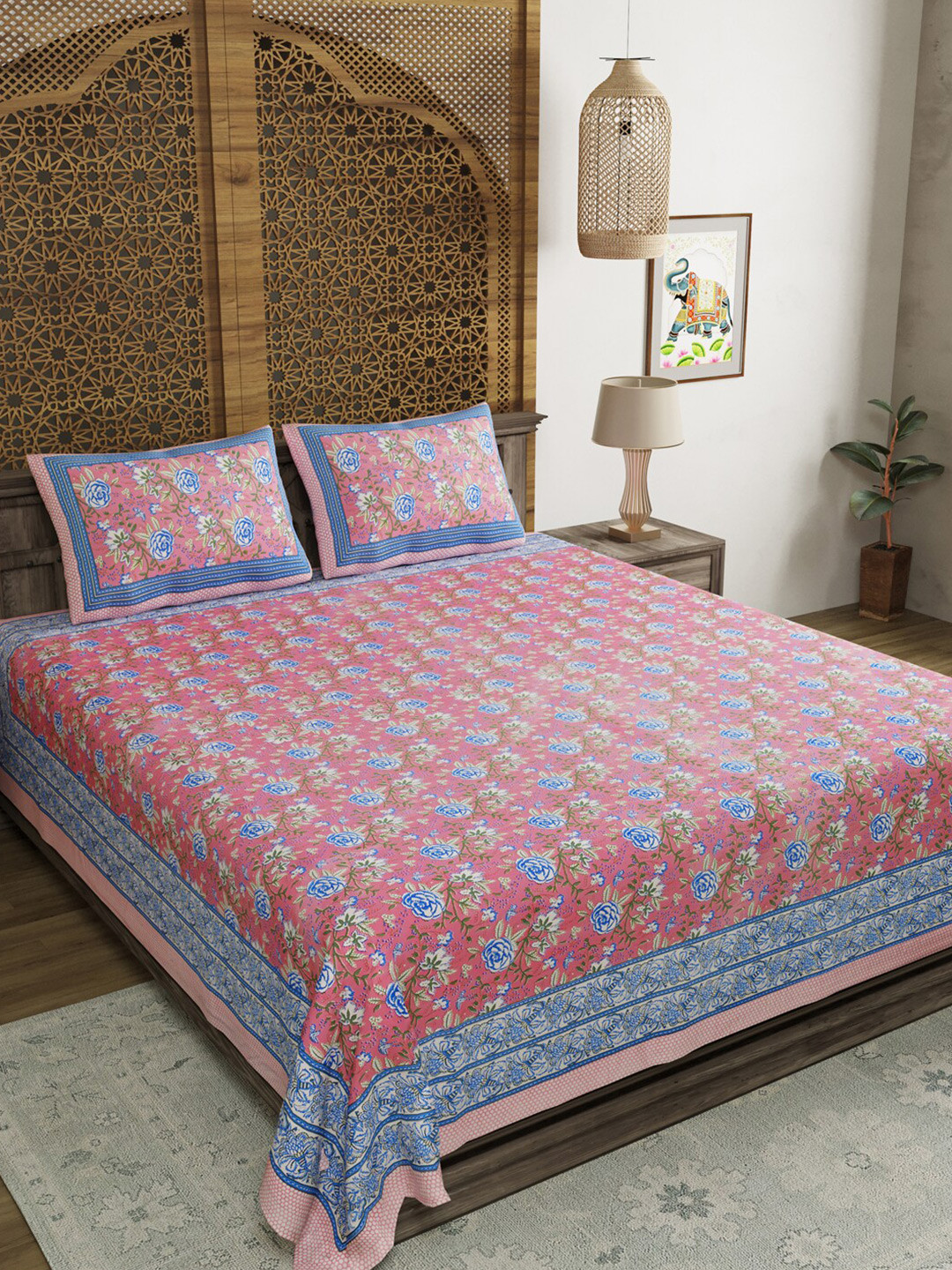

BLOCKS OF INDIA Floral 210 TC King Bedsheet with 2 Pillow Covers, Pink