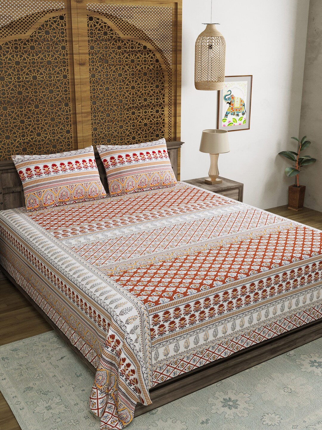

BLOCKS OF INDIA Floral 210 TC King Bedsheet with 2 Pillow Covers, Brown
