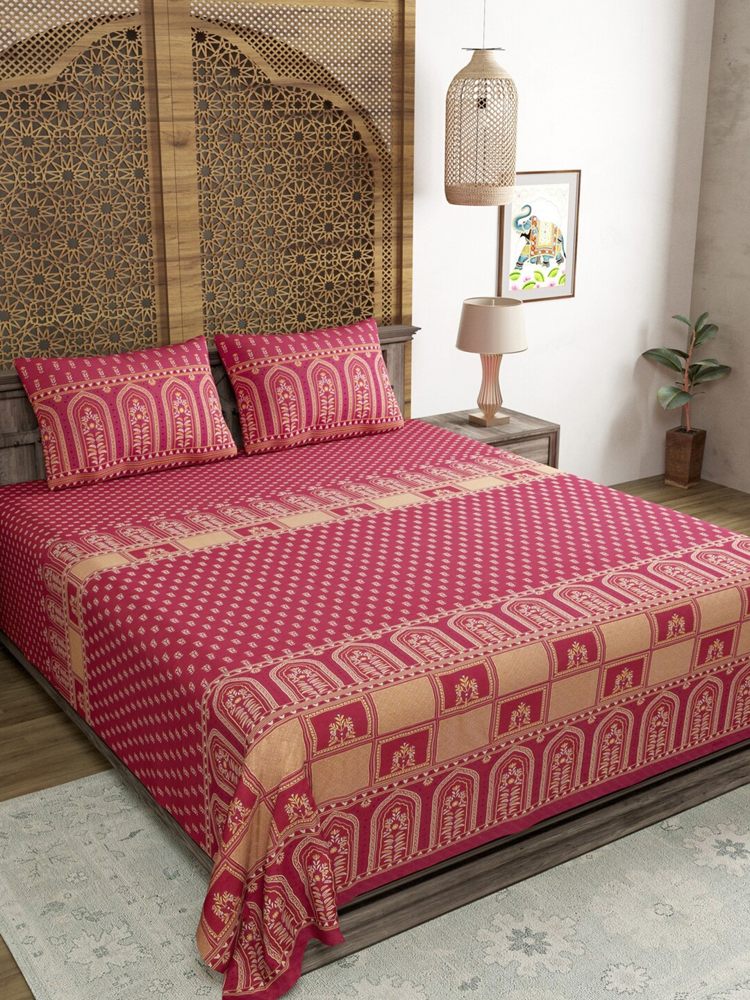 

BLOCKS OF INDIA Floral 210 TC King Bedsheet with 2 Pillow Covers, Pink