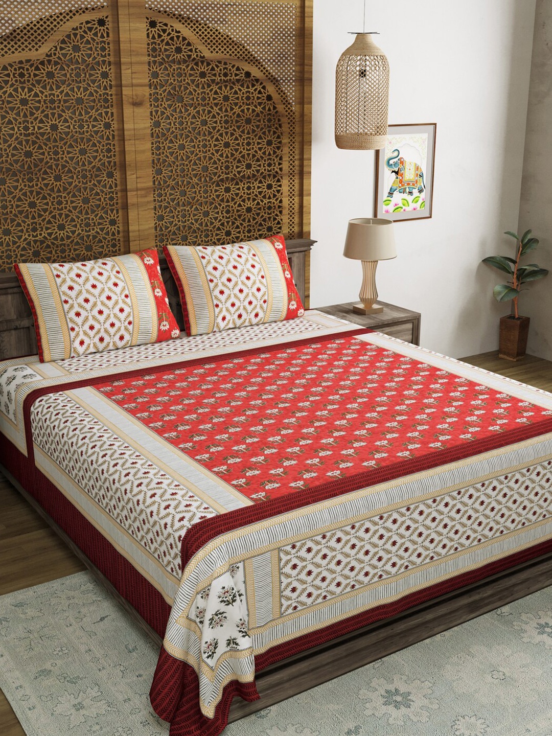 

BLOCKS OF INDIA Floral 210 TC King Bedsheet with 2 Pillow Covers, Red