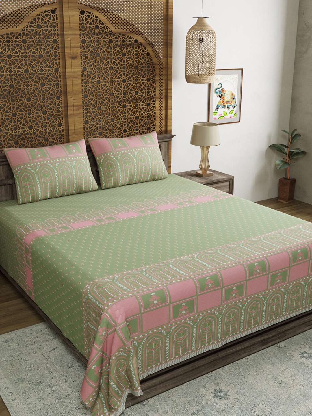 

BLOCKS OF INDIA Floral 210 TC King Bedsheet with 2 Pillow Covers, Green