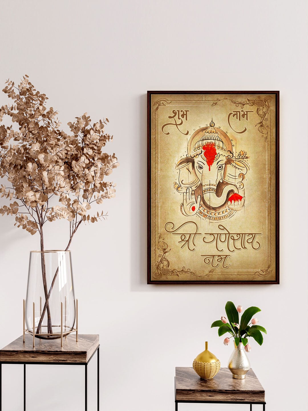 

999Store Cream Lord Ganesha painting with frame Wall Art