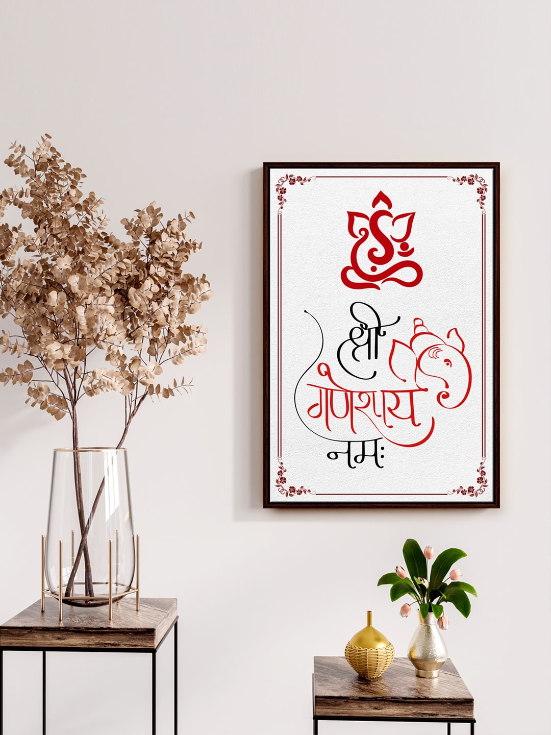 

999Store Grey & Red Ganesh symbol with Shree Ganesha Namah Painting Wall Art