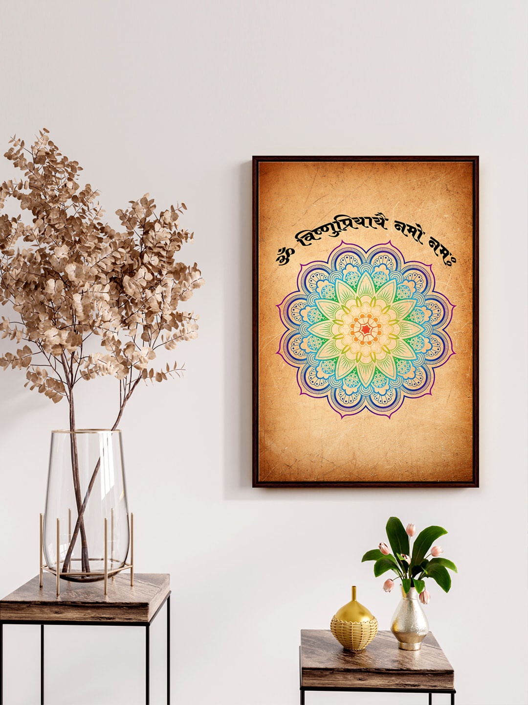 

999Store Tan Brown & Blue om Vishnu Priyaye Namo Namah Mantra with Lakshmi Mata Wall Art