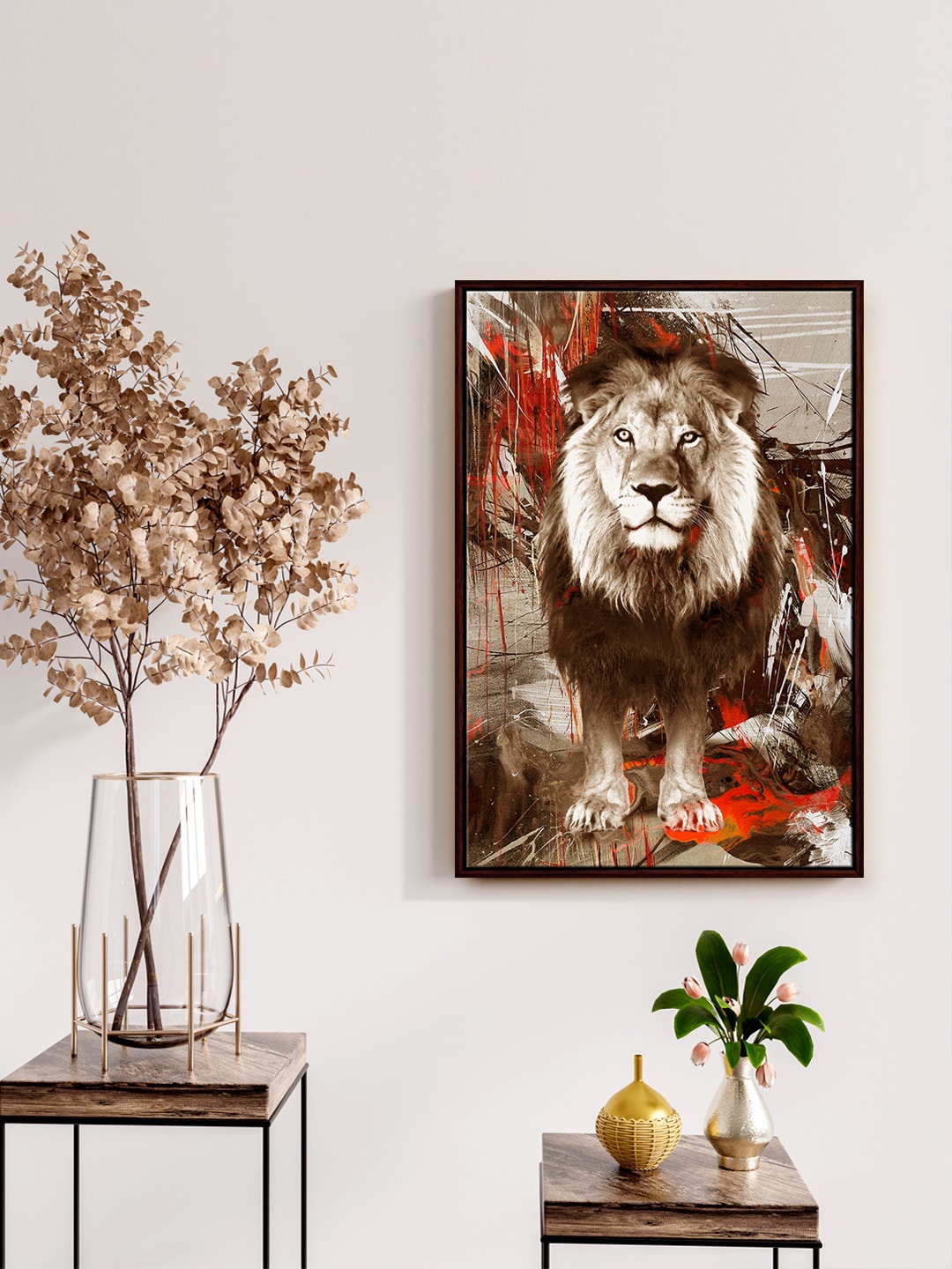 

999Store Brown & Beige Abstract Lion Printed Framed Wall Art