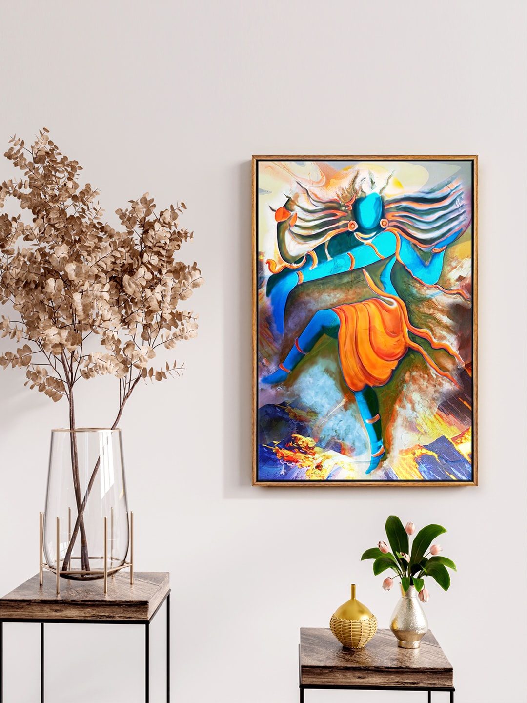 

999Store Blue & Orange Lord Shiva Natraj Dancing In Mountains Painting Wall Art