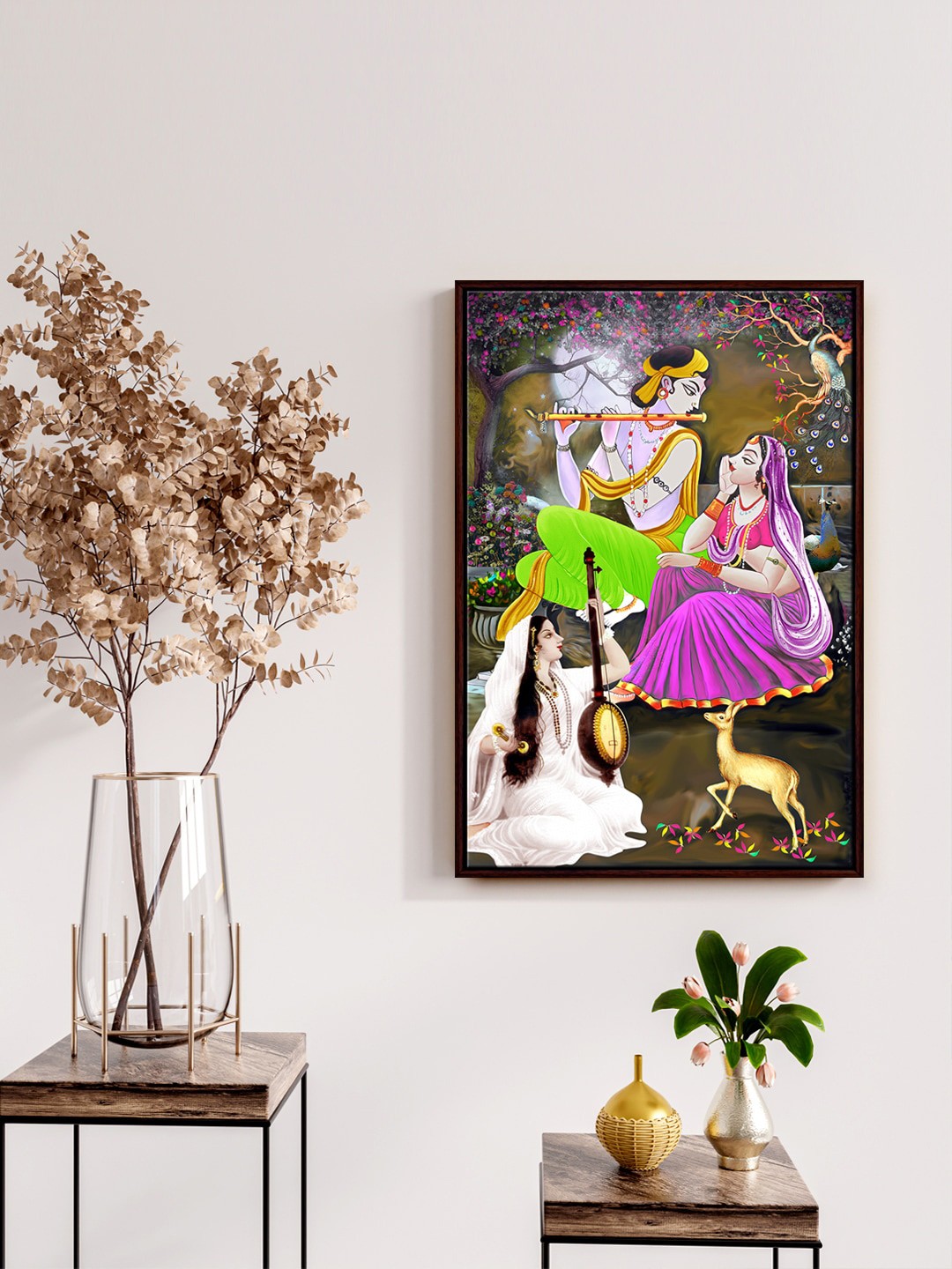

999Store Pink & Green Printed Lord Krishna With Mirabai Painting Wall Art