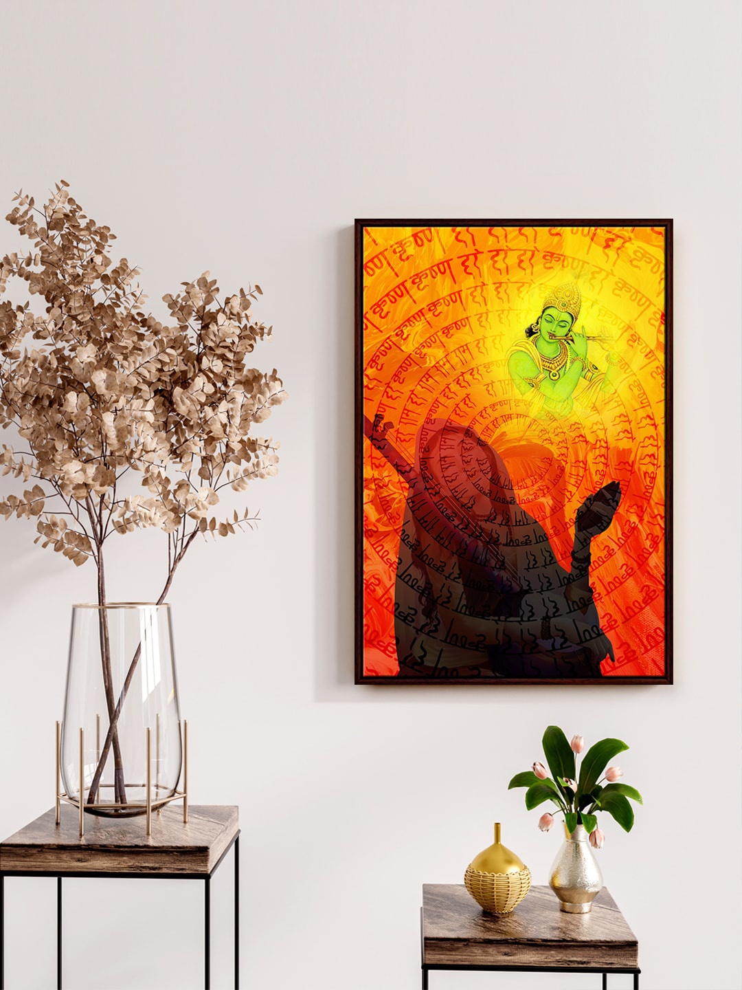 

999Store Orange & Yellow Lord krishna playing flute with Mirabai Painting Canvas Wall Art