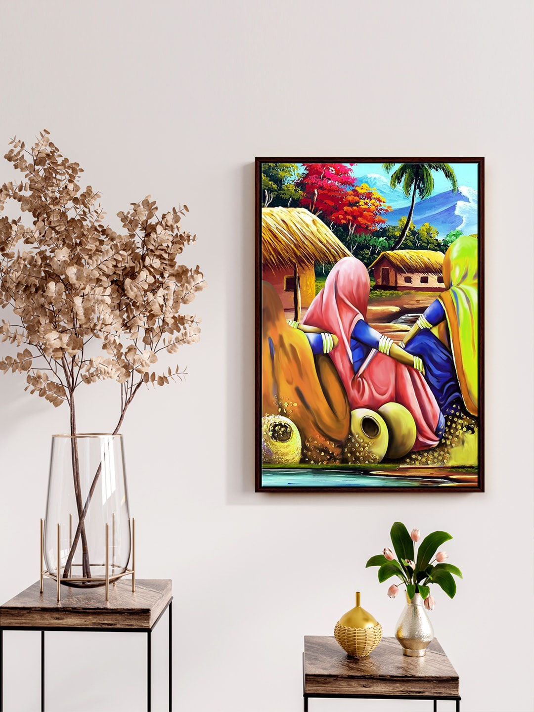 

999Store Pink & Brown Rajasthani Village Scene Painting Wall Art