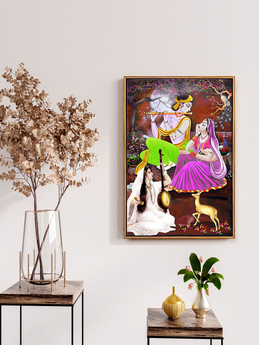 

999Store Purple & Green Lord Krishna Playing Flute With Mirabai Painting Wall Art