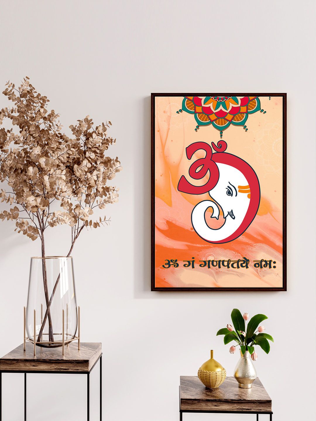 

999Store Orange & Green Ganesh Mantra Printed Framed Wall Painting