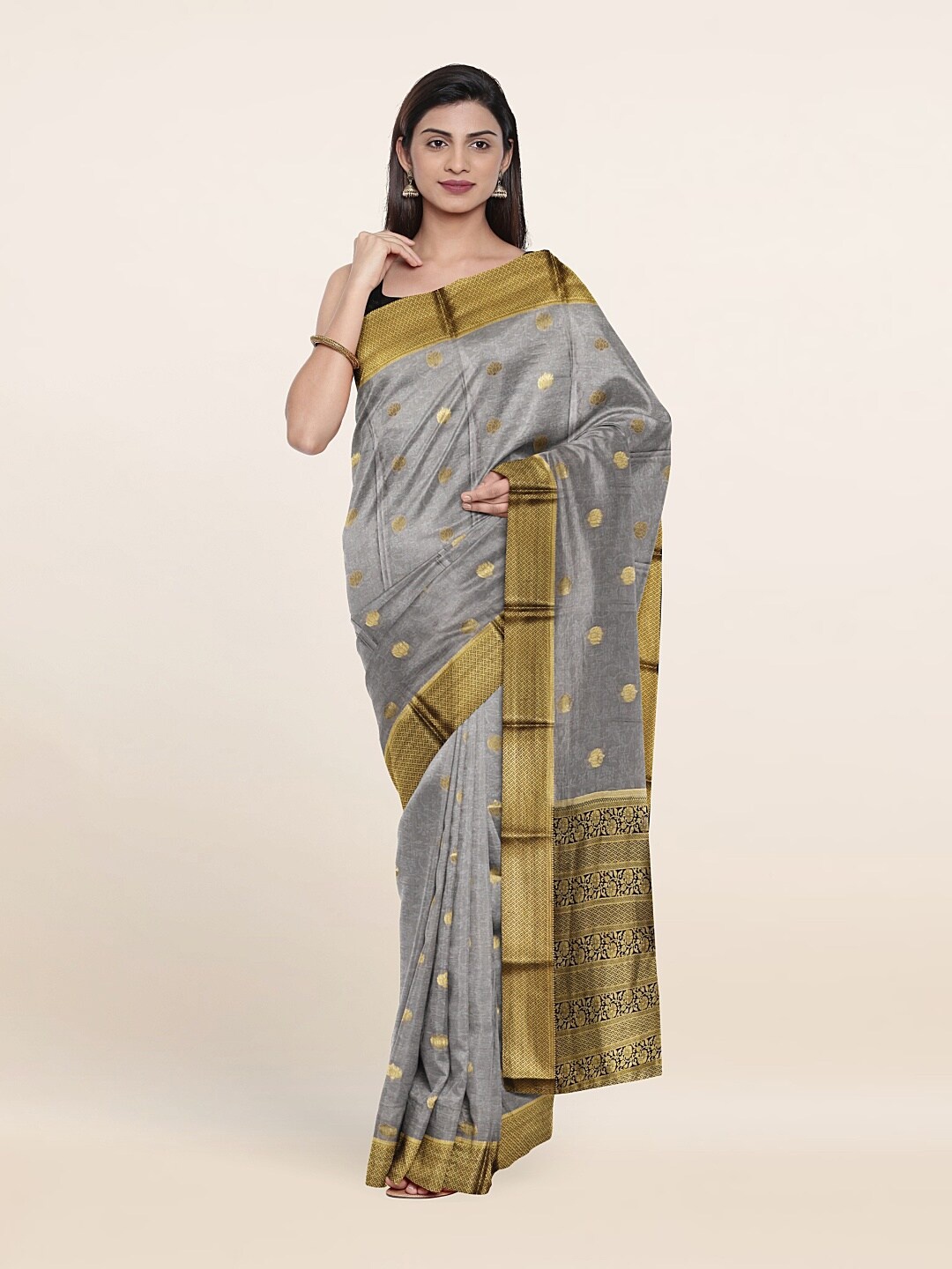 

Pothys Grey & Gold-Toned Ethnic Motifs Zari Pure Silk Saree