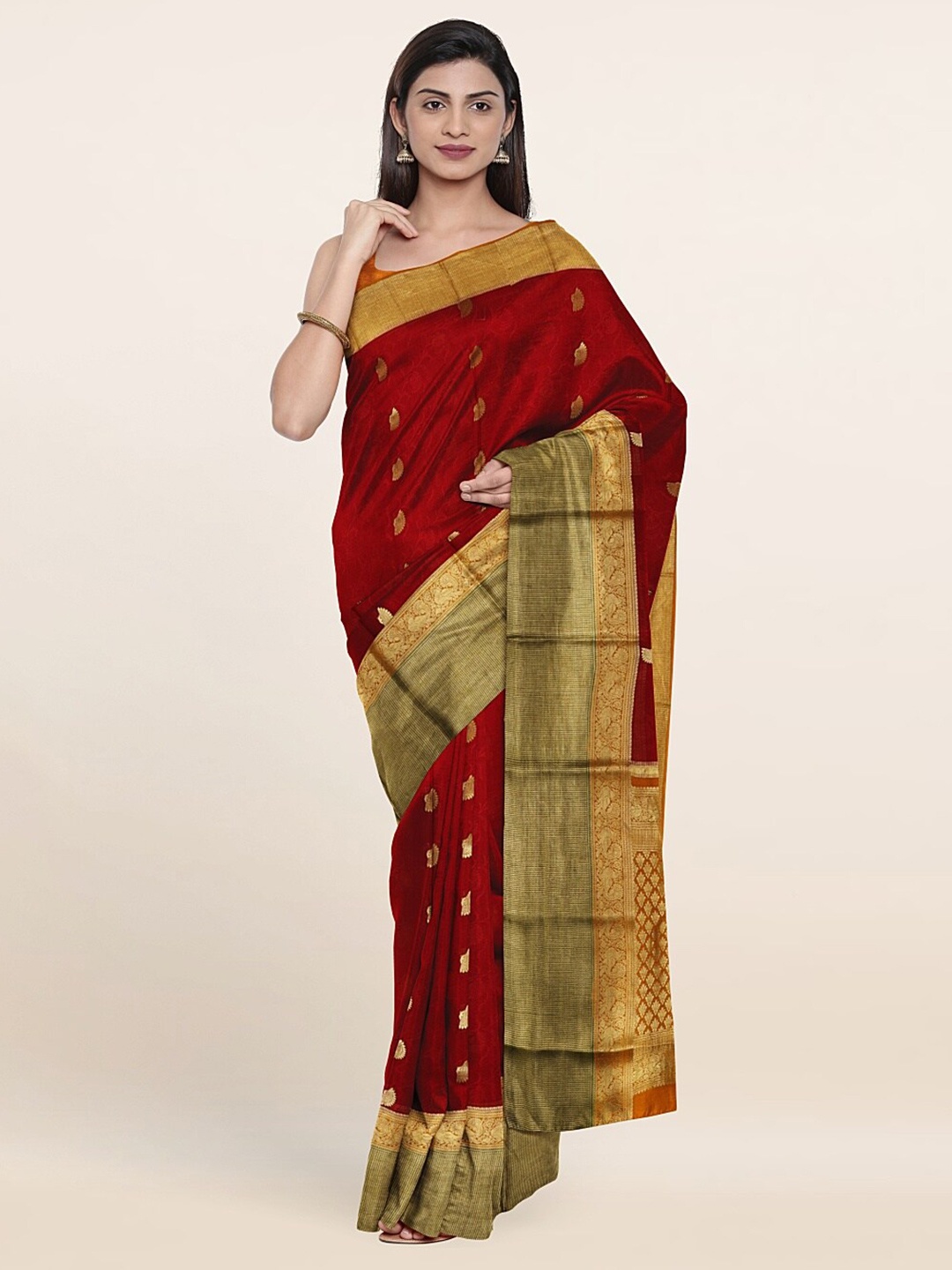

Pothys Maroon & Gold-Toned Ethnic Motifs Zari Pure Silk Saree