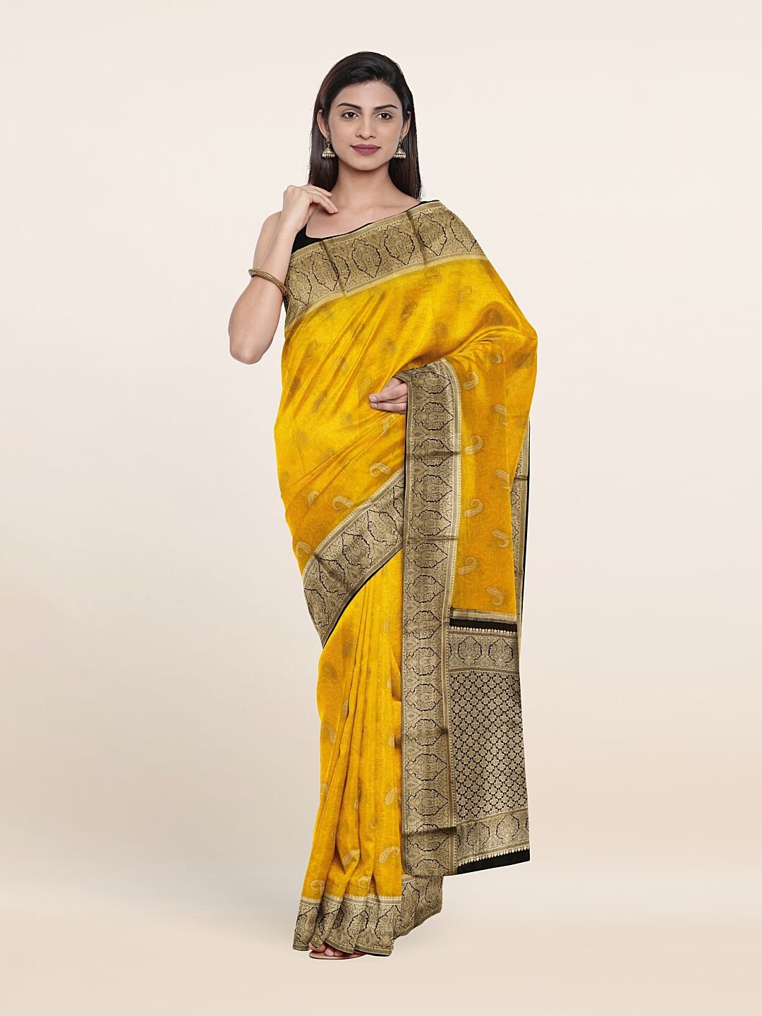 

Pothys Yellow & Black Paisley Zari Pure Silk Saree