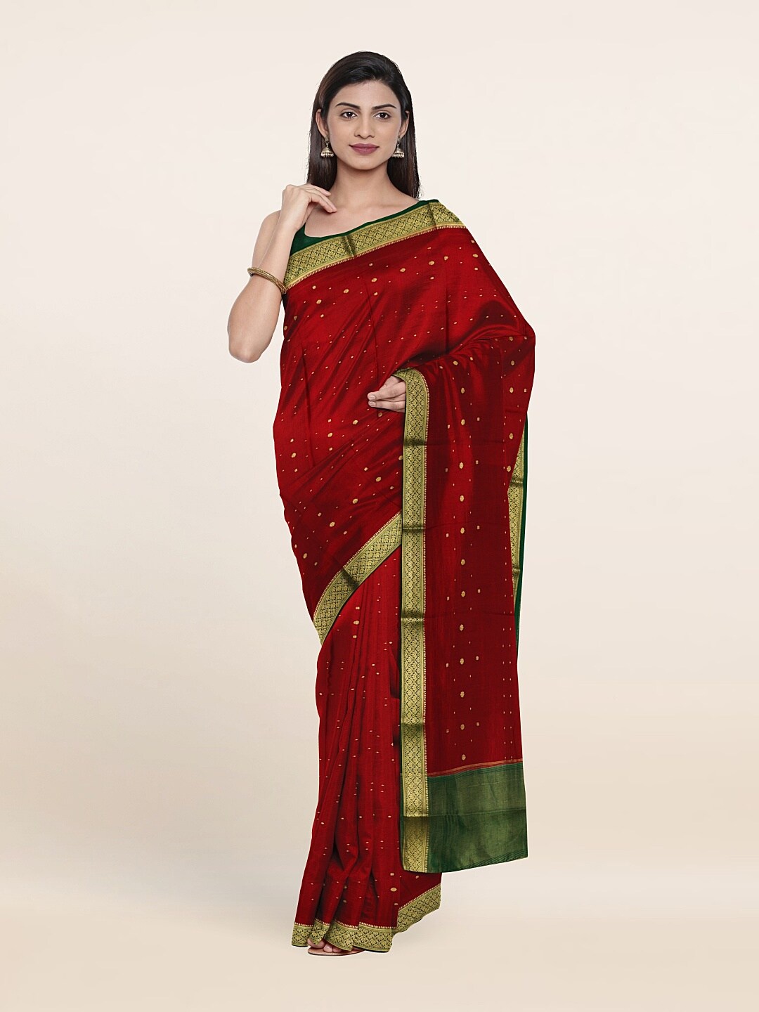 

Pothys Maroon & Green Ethnic Motifs Zari Pure Silk Saree