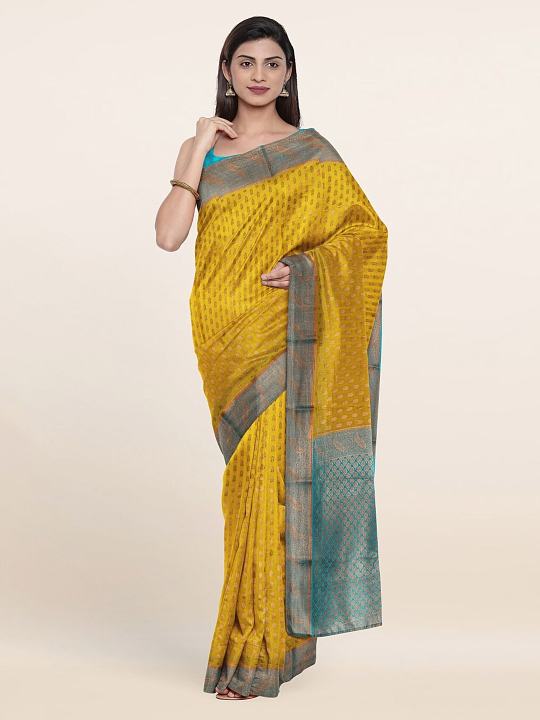 

Pothys Yellow & Blue Ethnic Motifs Zari Pure Silk Saree