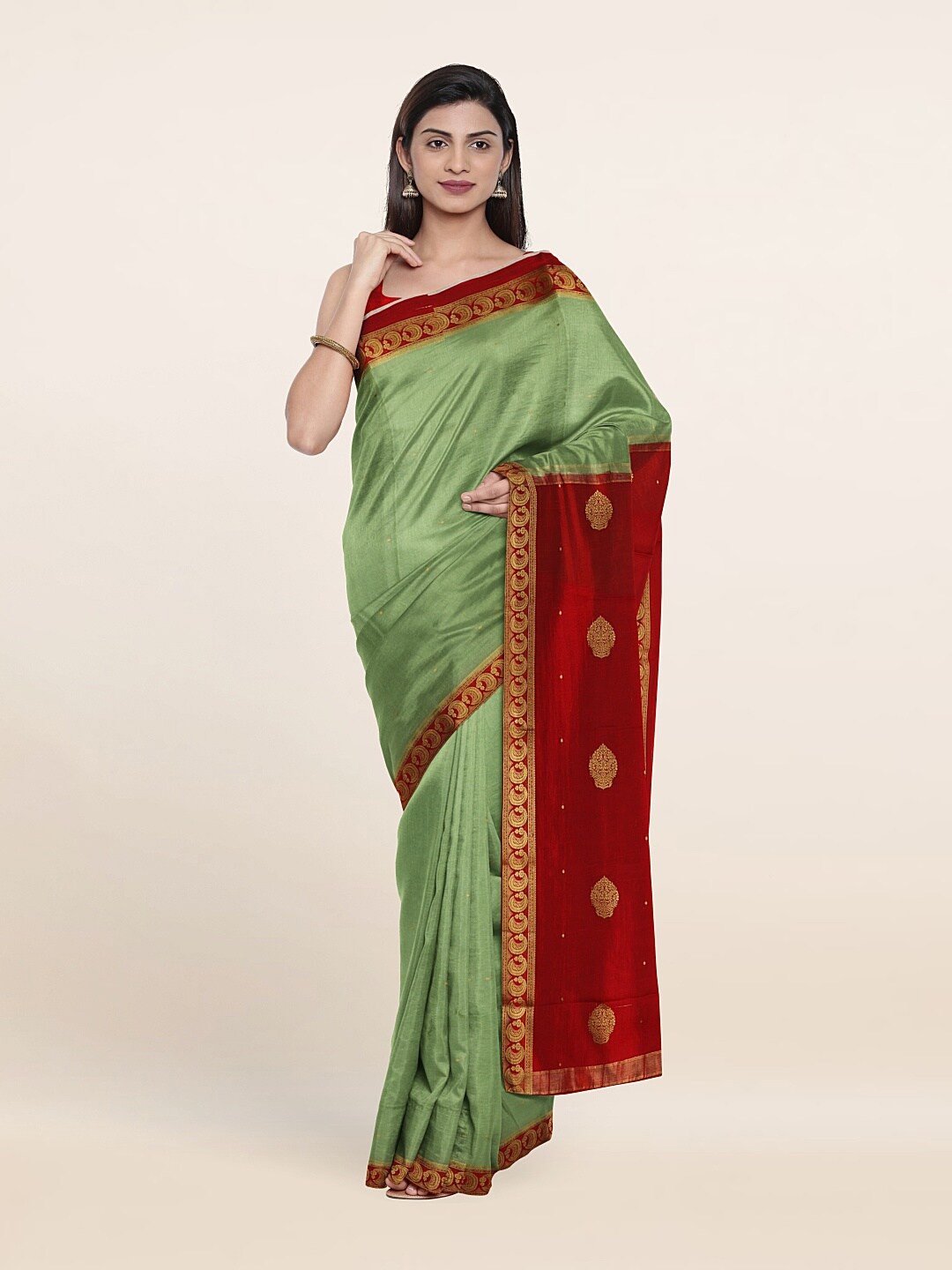 

Pothys Green & Red Ethnic Motifs Zari Pure Silk Saree