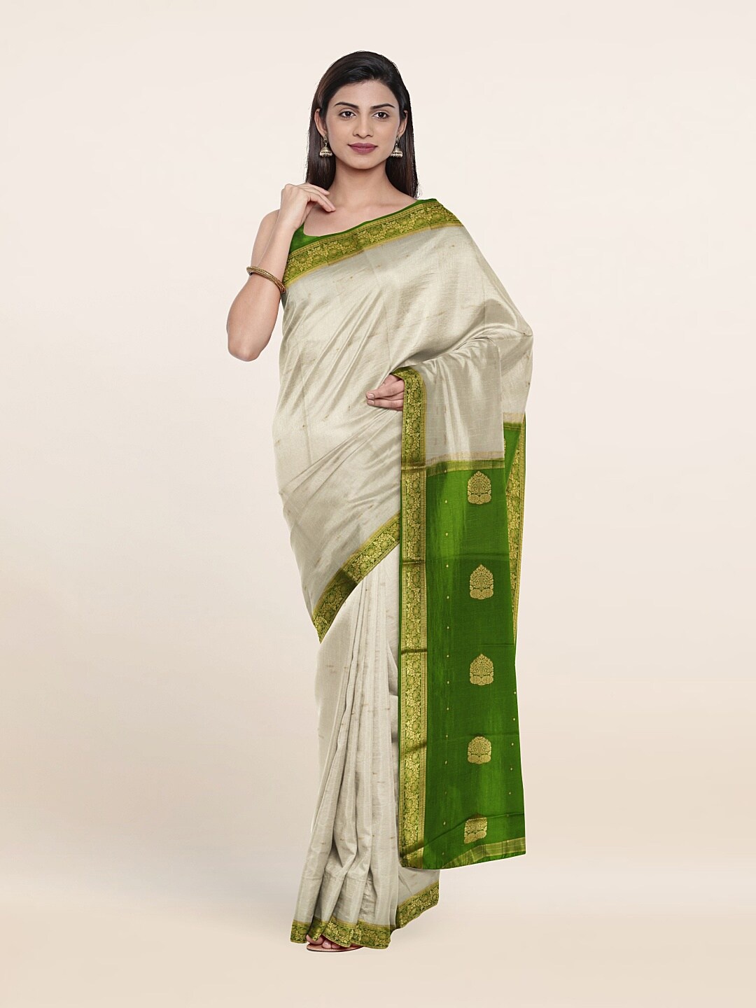 

Pothys Off White & Green Ethnic Motifs Zari Pure Silk Saree