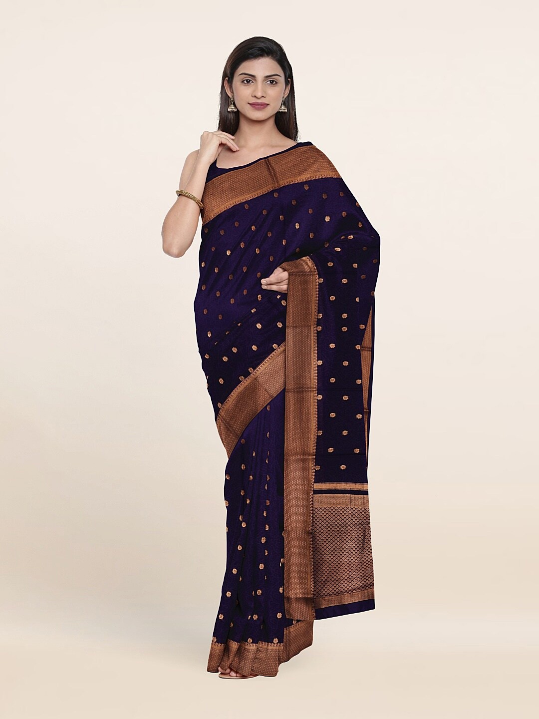 

Pothys Navy Blue & Gold-Toned Floral Pure Silk Saree